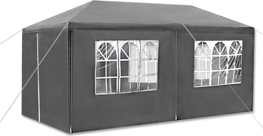 A dark gray party tent or gazebo with windows.