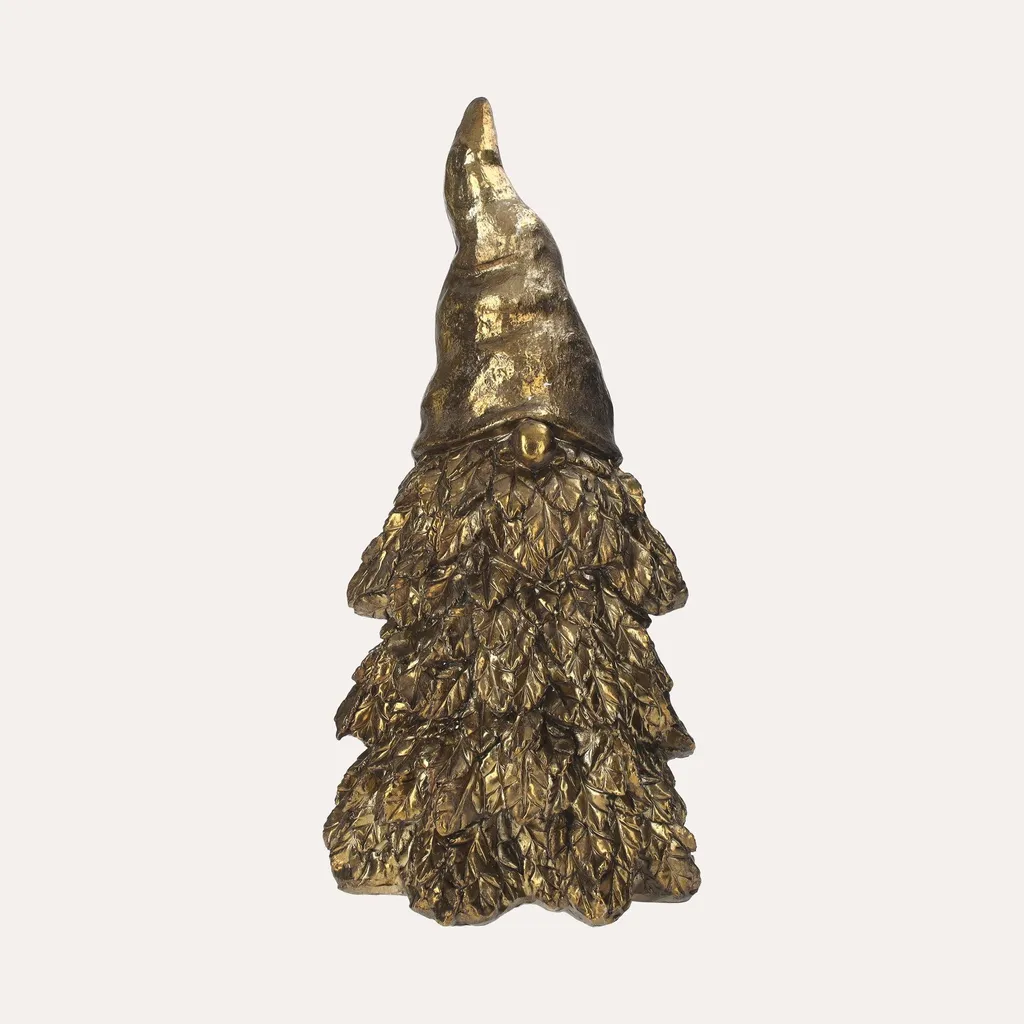 Statue de gnome de Noël en résine dorée avec socle sapin naturel 25cm