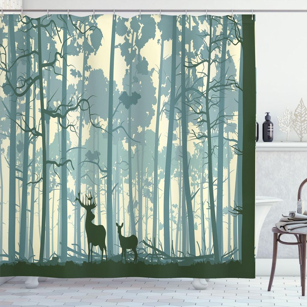 ABAKUHAUS Hirsch Duschvorhang, Tier Silhouette Nebelig Waldtieren Morgendämmerung Muster, 175 x 200 cm, Schwarz Weiß Grau