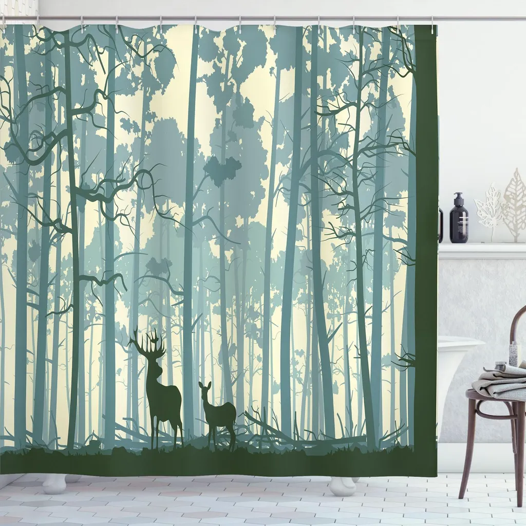 Tenda da Doccia 175x200 cm ABAKUHAUS Cervo e Foresta - Tessuto Lavabile