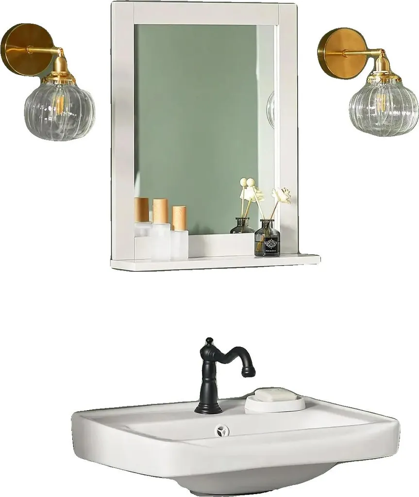 Miroir de salle de bain blanc avec tablette de rangement murale - 50cm