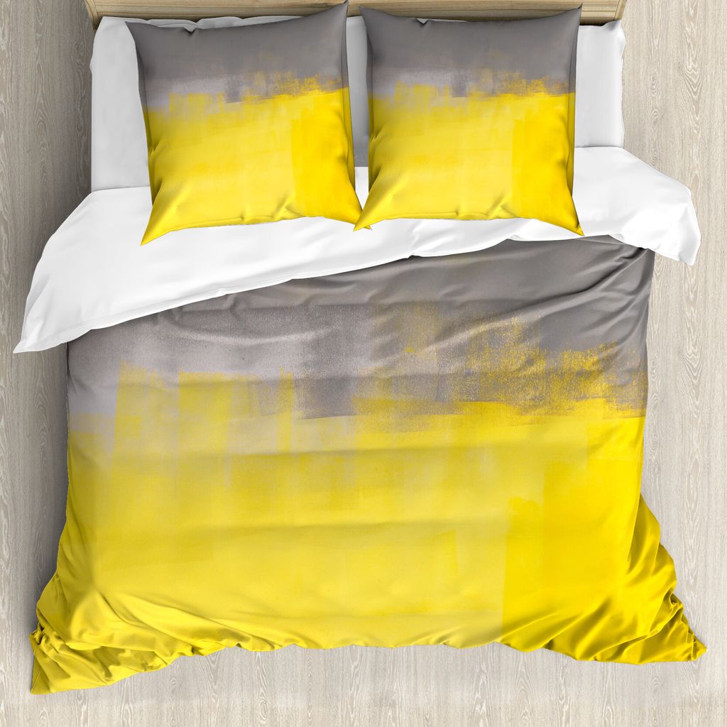 ABAKUHAUS Grunge Bettbezugs Set Für Doppelbetten, Straße Wandkunst, Milbensicher Allergiker geeignet mit Kissenbezügen, Hell Grau Gelb