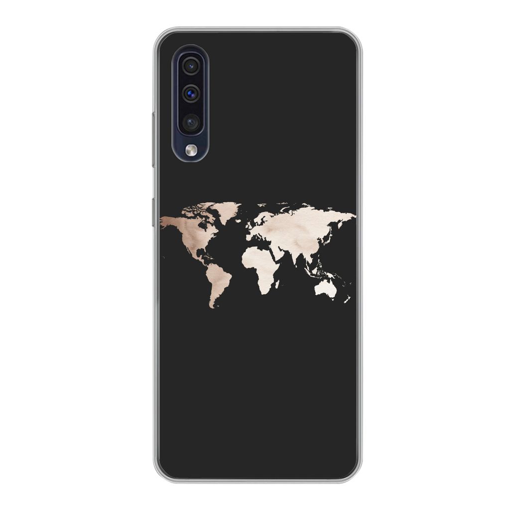 MuchoWow Handyhülle Schutzhülle Hülle für Samsung Galaxy A30s Weltkarte - Leder - Schwarz Silikon Softcase Handy Hülle - Karteninhaber