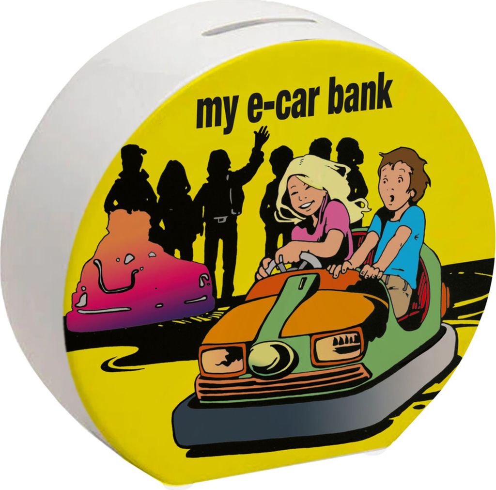 my e-car bank Boxauto Spardose für ein E-Auto in gelb