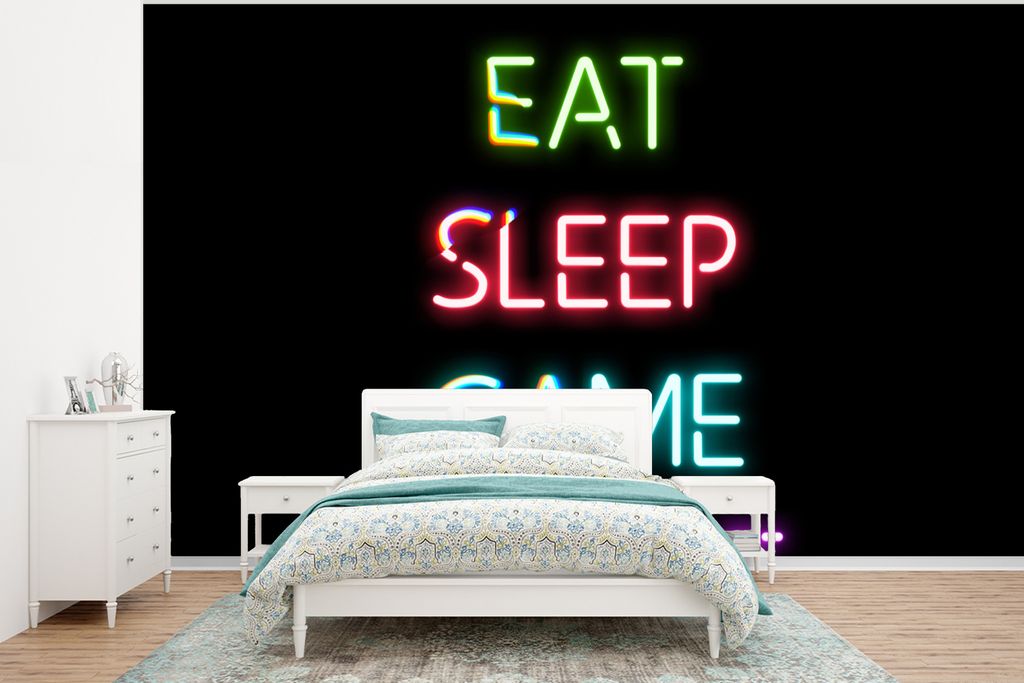 MuchoWow Fototapete für Wohnzimmer oder Schlafzimmer Wandtapete Vinyl Motivtapete Gaming - Led - Zitat - Eat sleep game repeat - Gaming - 400x30...