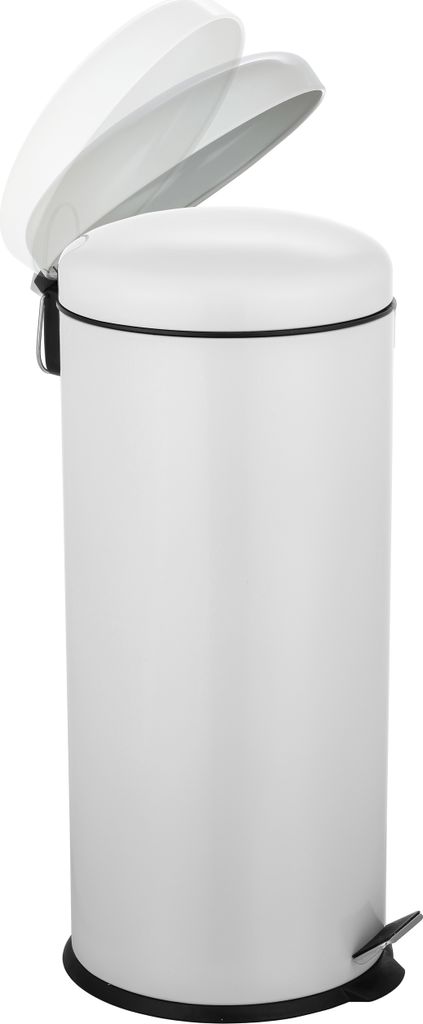 A white pedal bin with its lid open, shown against a white background.