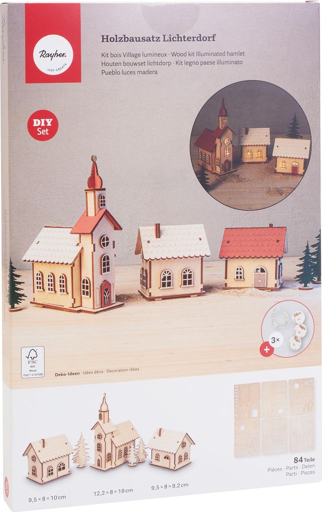 Holzbausatz-Lichterdorf, 84-tlg, inkl 3 LED Lichterketten, Produktbild 