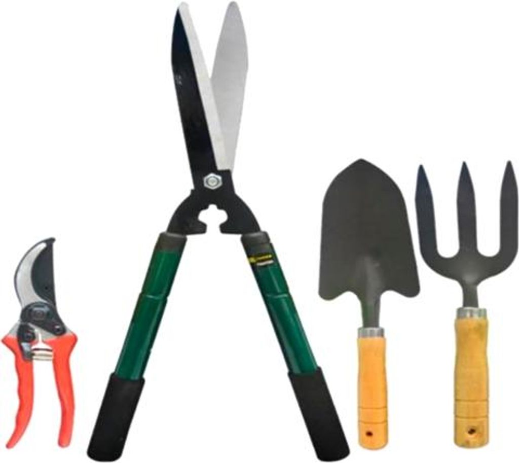 4er-Set Gartengeräte - Gabel, Mini-Rebschere, Teleskopschere und Spaten 34 cm