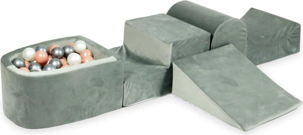 Schaumstoff-Spielset mit Hügel und Mikro-Bällepool – Samtgrau mit Bällebadbällen 100 Stück / Silber, Perle, Roségold