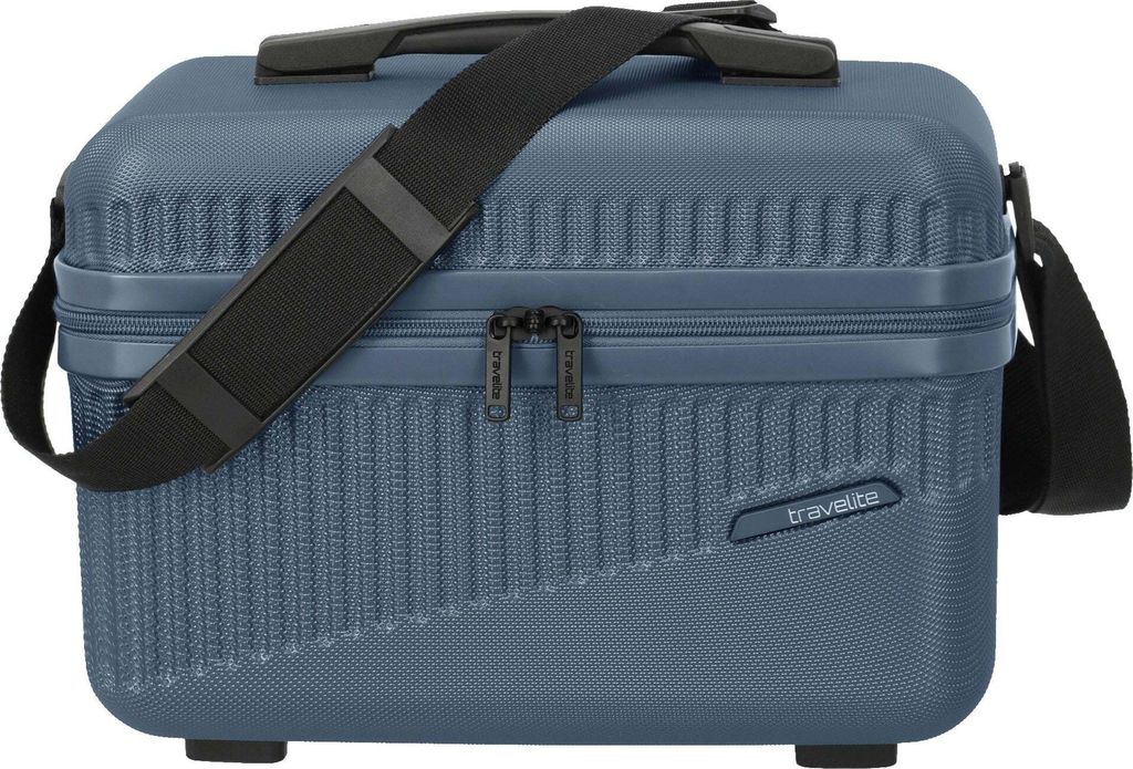 A blue travelite beauty case with a black shoulder strap.