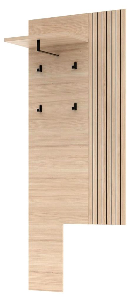 Garderobenpaneel mit Boden und Kleiderstange sowie 4 Garderobenhaken in Basalt matt mit Leistenoptik Riva Eiche – – Moderne Hutablage – 70 x ...