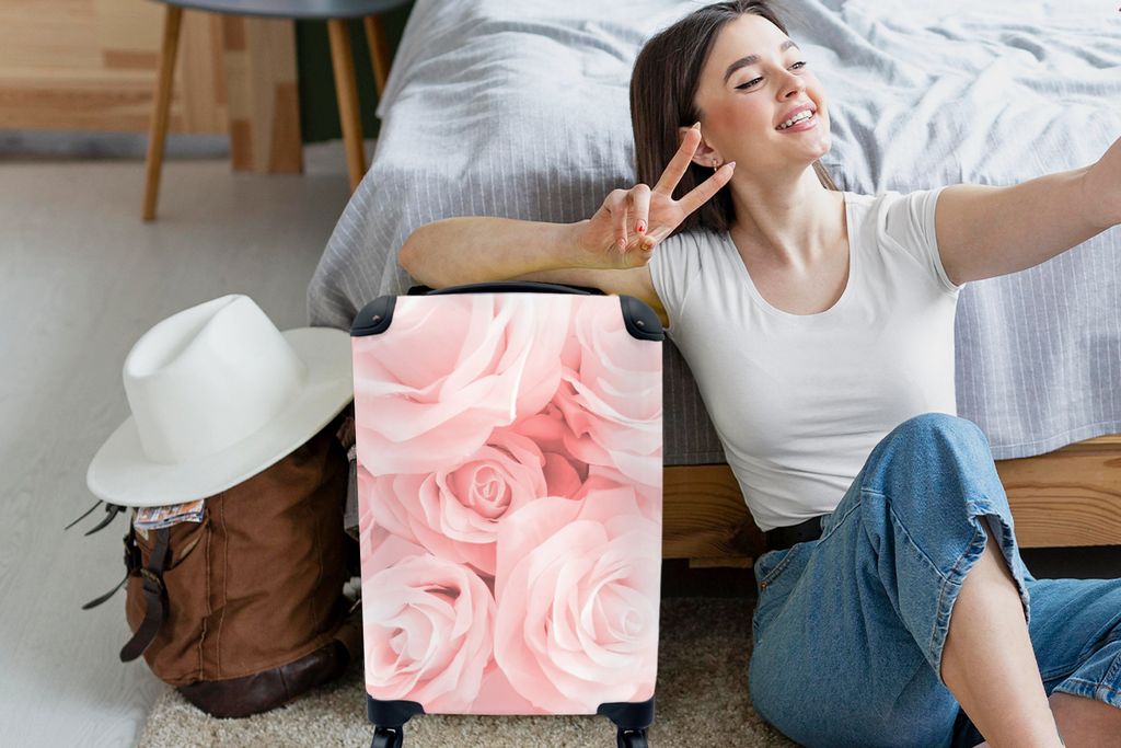 MuchoWow Koffer Handgepäck Trolley Rollkoffer Kleine Reisekoffer mit 4 Rollen - Rosen - Blumen - Rosa - Cabin Size < 55x40x23 cm & 55x40x20 cm -...