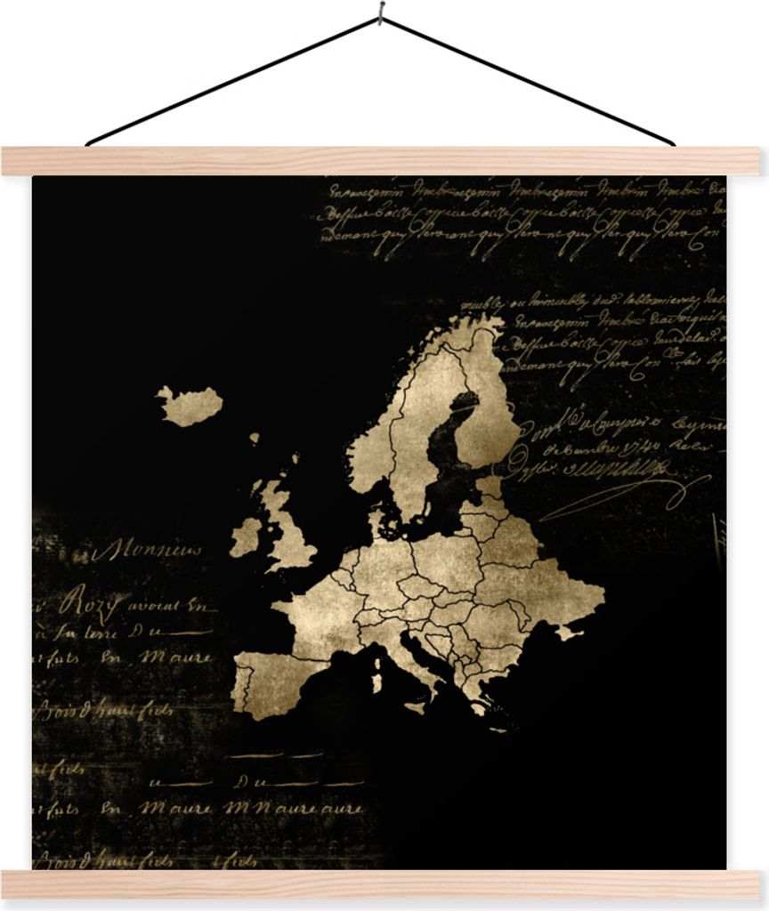 MuchoWow Textilposter Europa Karte - Gold - Schwarz 120x120 cm mit holzfarbenen Rahmen - Textil-Poster