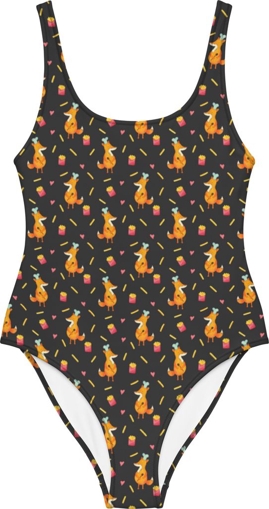 Mr. & Mrs. Panda Badeanzug Fuchs Pommes Größe M - Grau - Geschenk, Shape-Badeanzug, Damen-Einteiler, Pomes Frites, Muster, Schwimmanzug, Bademode...