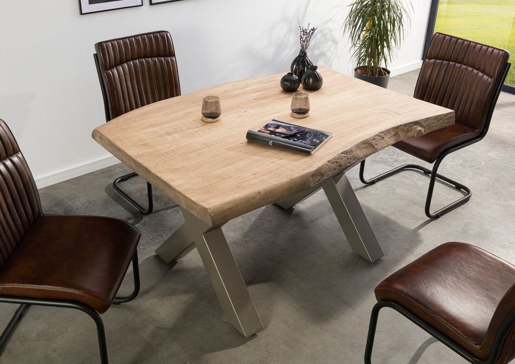 MASSIVMOEBEL24 Baumtisch Mango 140x90x77 beige lackiert / X-Beine silber matt FREEFORM 5