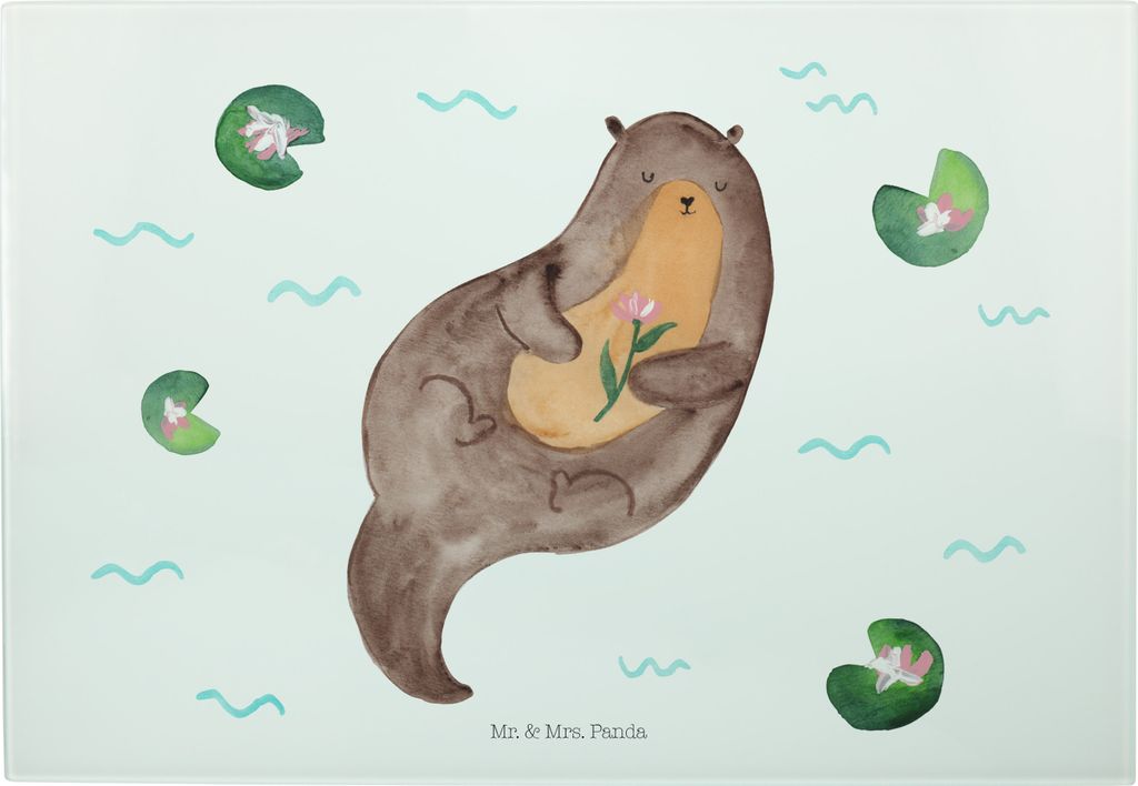 Mr. & Mrs. Panda Schneidebrett Otter Seerose - Weiß - Geschenk, Wasser, Glasschneidebrett, Servierplatte, glücklich, Design, Frühstücksbrett, S...