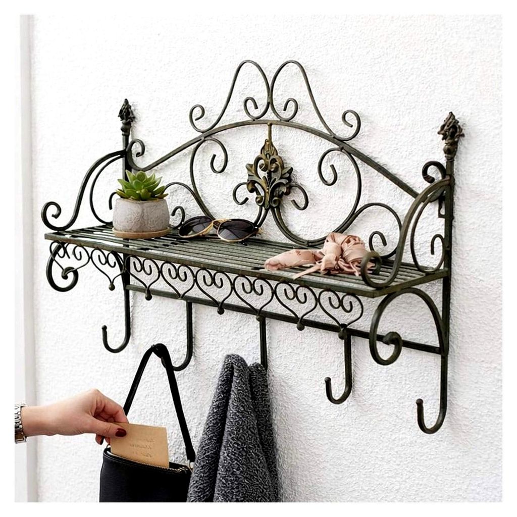 Wandgarderobe mit Ablage 60 cm Antik Metall Garderobenleiste Holz Hängegarderobe Garderobenhaken Malega