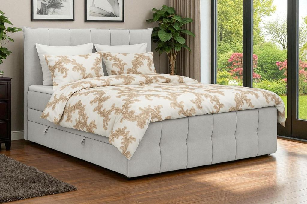 KSHOMECONCEPT Boxspringbett 200x200 cm, Bett mit Bettkasten und Pocketmatratze und Topper, SUPREME, Hellgrau