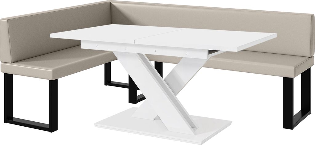 MEBLINI Eckbank für Esszimmer mit ausziehbarem Tisch - Küchenbank - Essecke - Sitzecke Küche - TONI - U-Beine 142x196x87cm Links - Beige Kunstle...