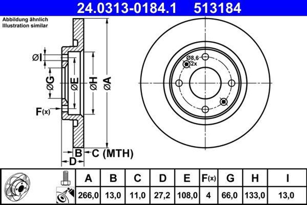 ATE 24.0313-0184.1 Bremsscheibe OE 1608691680 kompatibel mit Berlingo, C-Elysee, C2, C3, C4, 301, Partner