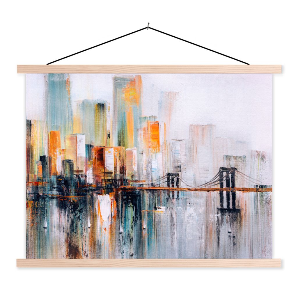 MuchoWow Textilposter Ölgemälde - Skyline - Abstrakt 40x30 cm mit holzfarbenen Rahmen - Bilder