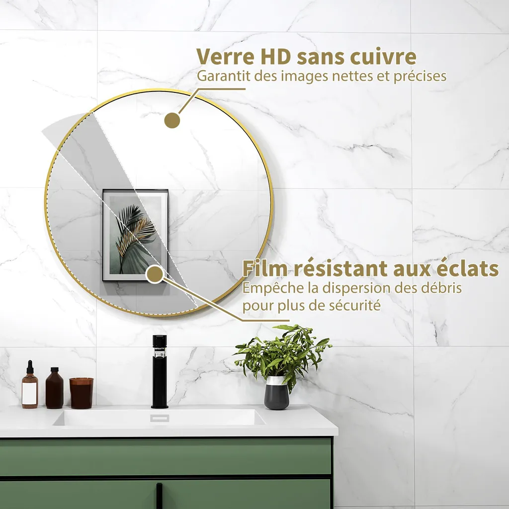 Miroir rond doré 70 cm cadre métal robuste pour agrandir l'espace