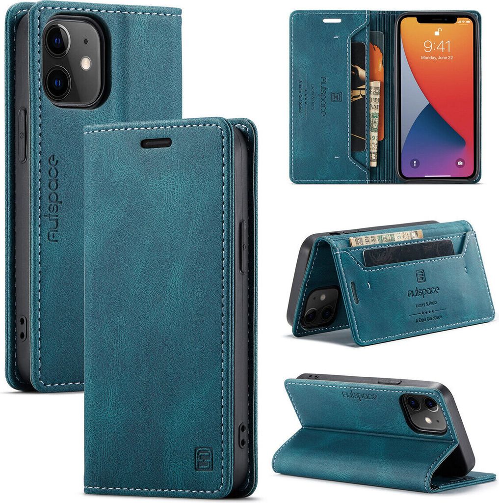 iPhone 12 Mini Brieftasche Hülle, Retro Kunstledertasche Stand Schutzhülle für iPhone 12 Mini Blau