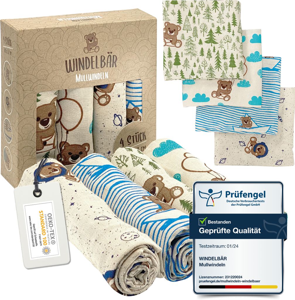 Windelbär Baby Mullwindeln aus 100%  Musselin-Baumwolle, Produktbild 