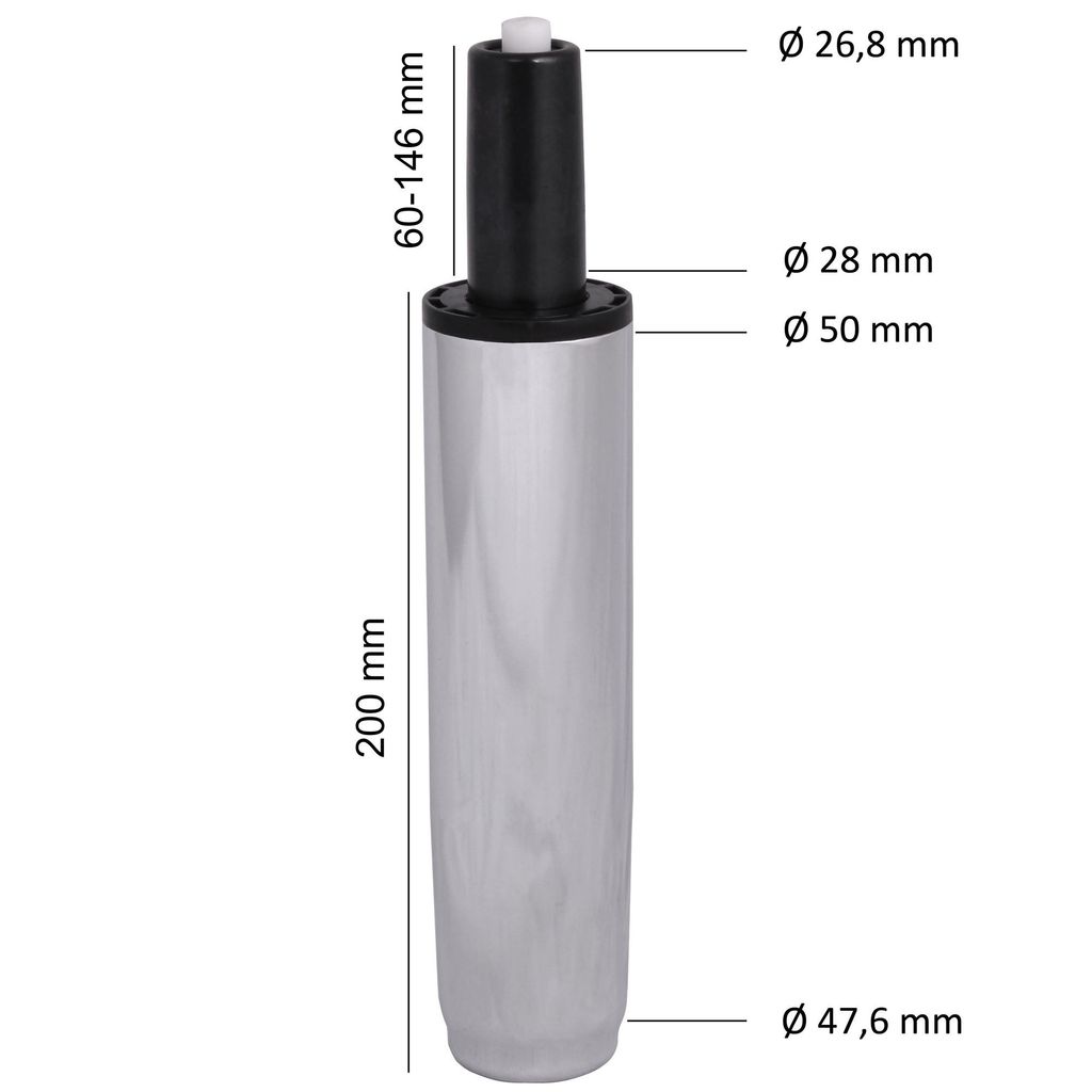 A gas lift cylinder with dimensions and specifications indicated.