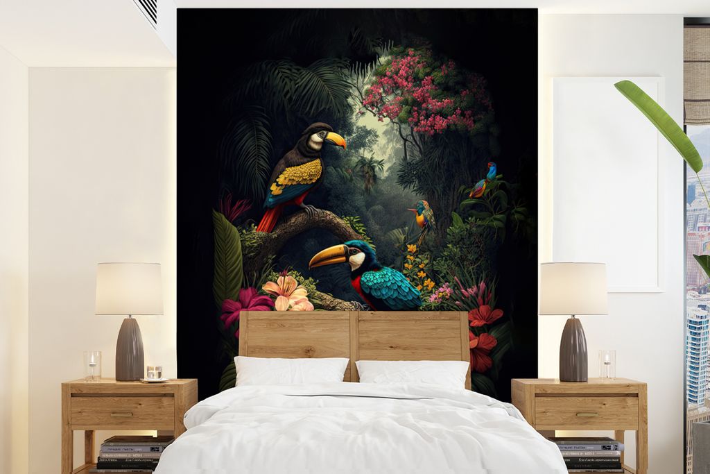 MuchoWow Fototapete für Wohnzimmer oder Schlafzimmer Wandtapete Vinyl Motivtapete Blumen - Vogel - Dschungel - Pflanzen - 165x220 cm - Wanddekor...