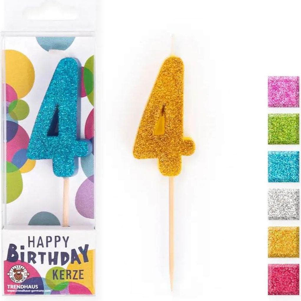 trendhaus BIRTHDAY FUN Zahlenkerzen Glitter Mini 4, sortiert (1 Stück) MINI GLITTER