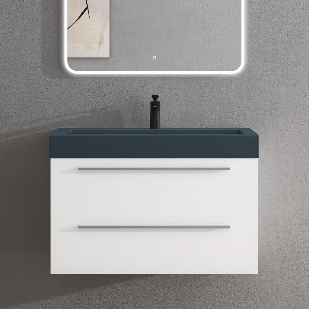 doporro Badmöbel-Set Waschbeckenunterschrank mit Soft-Close in Matt Weiß 90x48x60cm Quadratto Waschplatz komplett Set inkl. Mineralguss-Waschbeck...