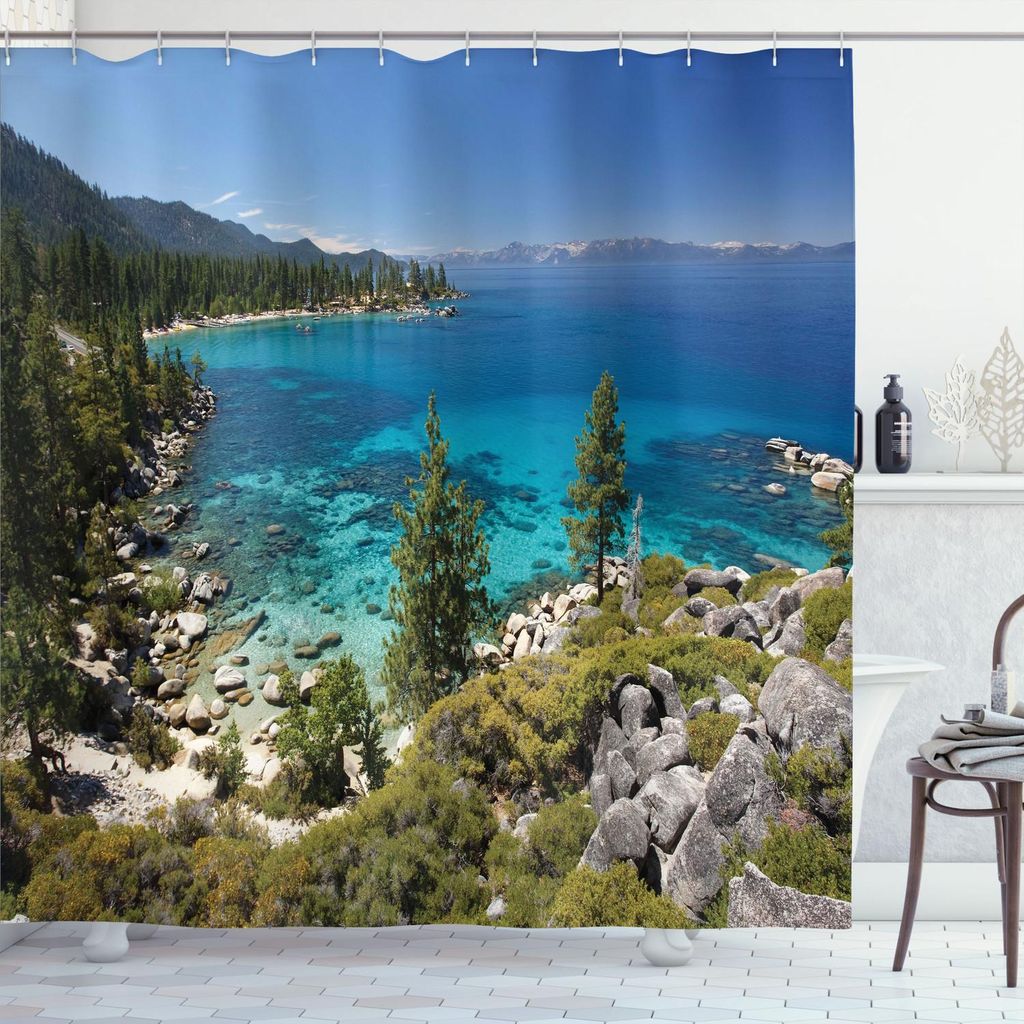 ABAKUHAUS lake Forest Duschvorhang, Schöne natürliche Landschaft des Lake Tahoe Kayaking Shore Rocks, 175 x 220 cm, Aqua Blau