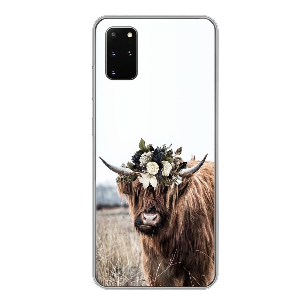 MuchoWow Handyhülle Schutzhülle Hülle für Samsung Galaxy S20 Plus Schottischer Highlander - Blumen - Tiere Silikon Softcase Handy Hülle - Ha...