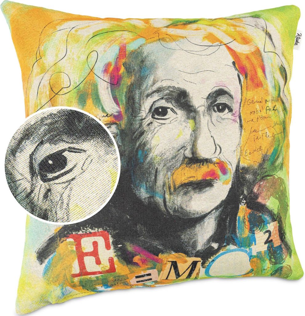 Dekokissen 40x40cm Kissenhülle ohne Füllung Designer Kissenbezug mit Reißverschluss Albert Einstein Gobelin bunt