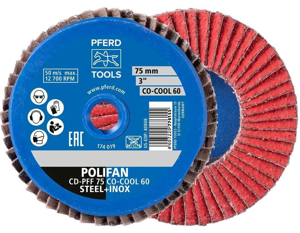 PFERD TOOLS COMBIDISC Keramikkorn Mini-POLIFAN CD Ø 75mm CO-COOL60 für kühlen Schliff auf Edelstahl