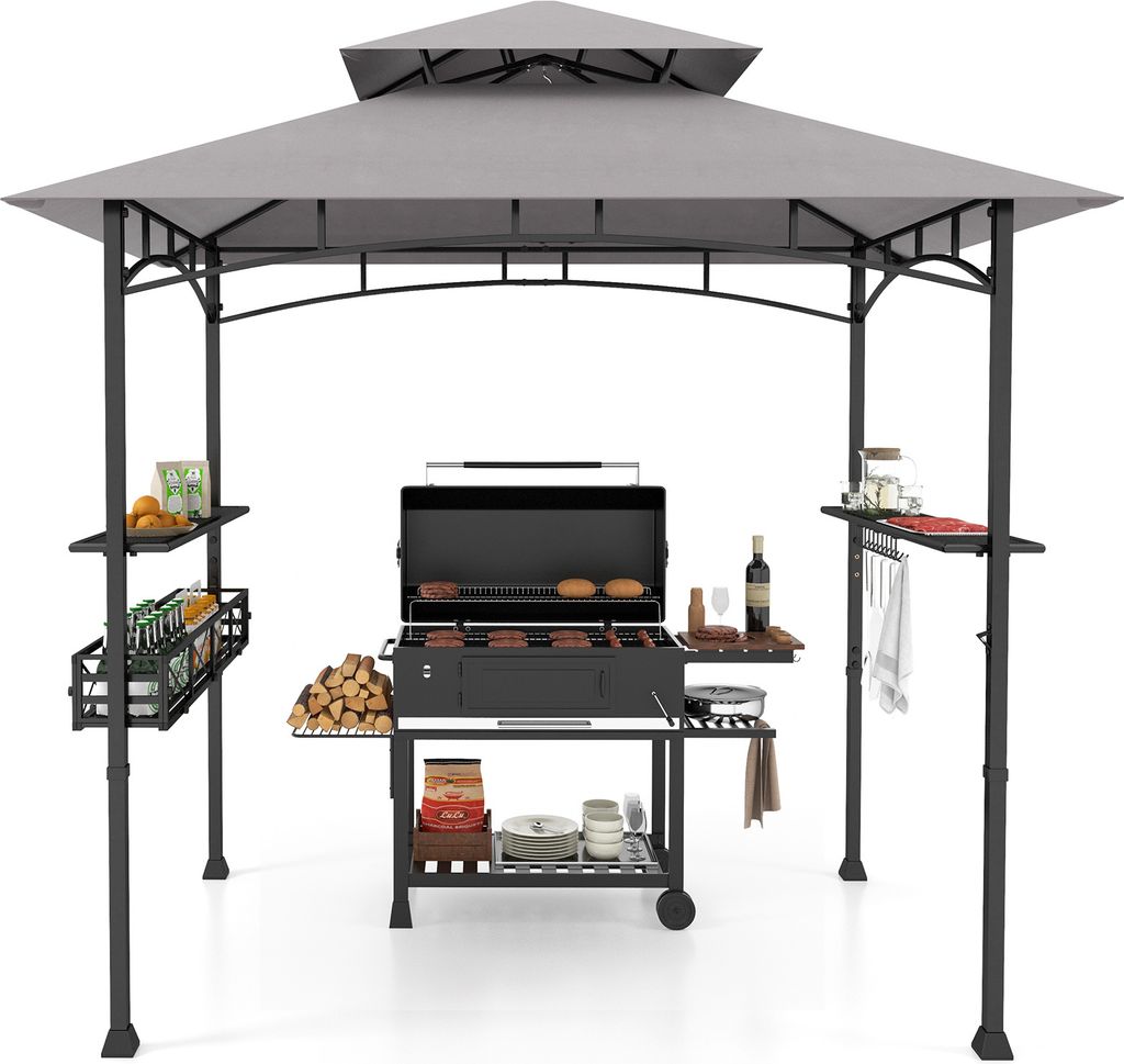 COSTWAY Grillpavillon wetterfest, Grillunterstand mit Doppeldach, Seitenregalen, Metallkorb, Haken & Flaschenöffner, Grillüberdachungen 242x153x2...