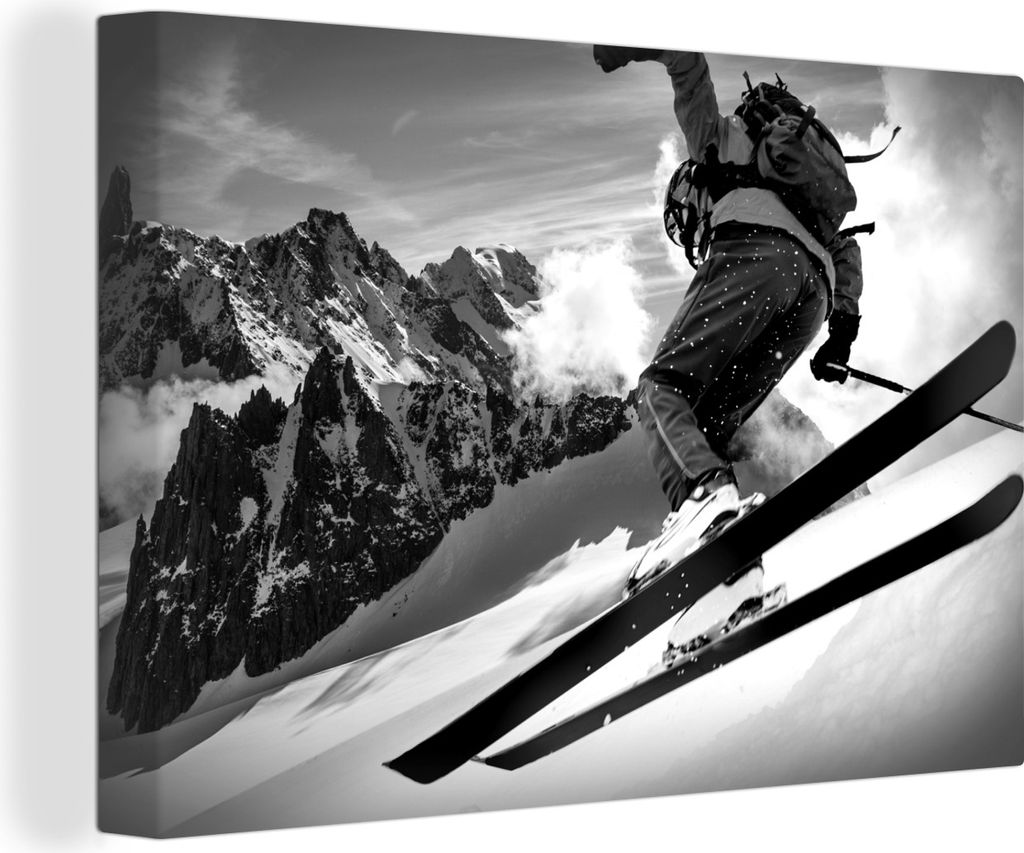OneMillionCanvasses - Leinwandbilder - 140x90 cm, Ein Skifahrer macht eine Kurve auf dem Mont Blanc - schwarz und weiß, Wandbilder Kunstdruck Wa...