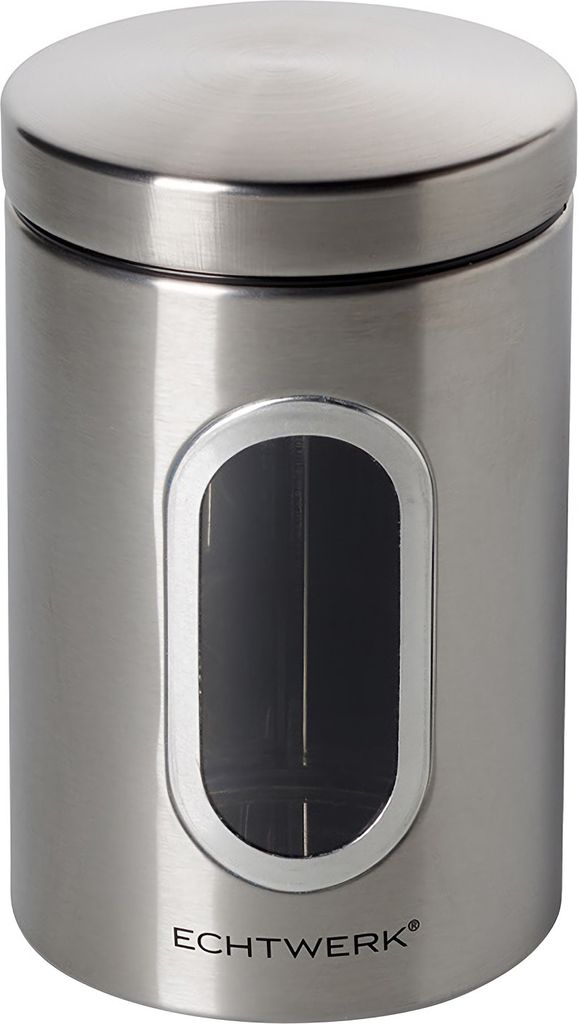 A silver metal storage container with a clear window and a lid.