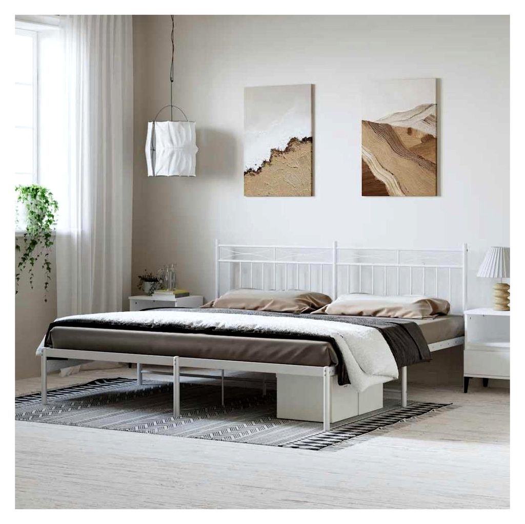 Bettgestell mit Kopfteil aus Metall in Weiß 183x213 cm