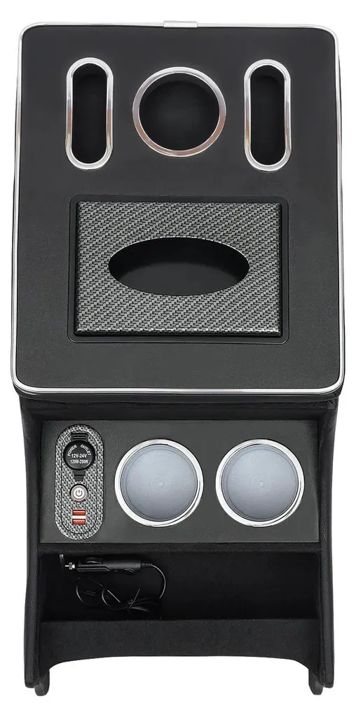Rangement accoudoir auto noir avec USB pour charger et porte-gobelets
