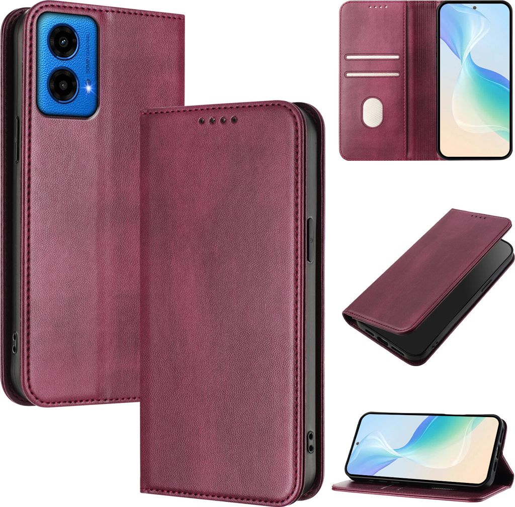 Handyhülle für Motorola Moto G45 / G34, Vintage Leder RFID Schutz Kartenfach Standfunktion Magnetische Klapphülle Rot
