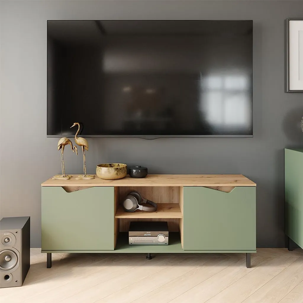 Meuble TV 150x60cm Vicco Marelle Vert avec Finition Artisan Naturelle