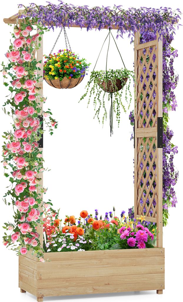 A wooden raised garden bed with an archway covered in flowers and vines, featuring hanging baskets.