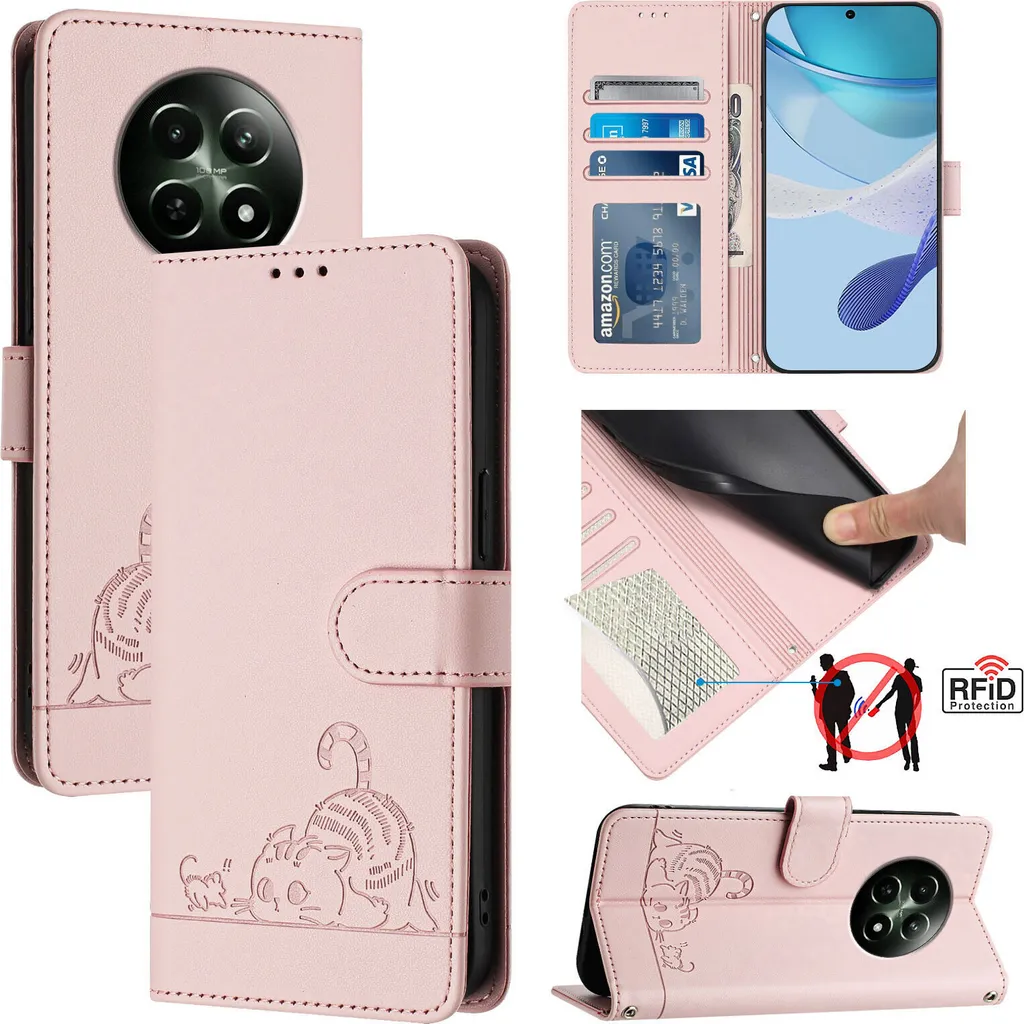 Custodia Rosa Realme 12 5G Pelle con Gatto - Cover Chic Portafoglio