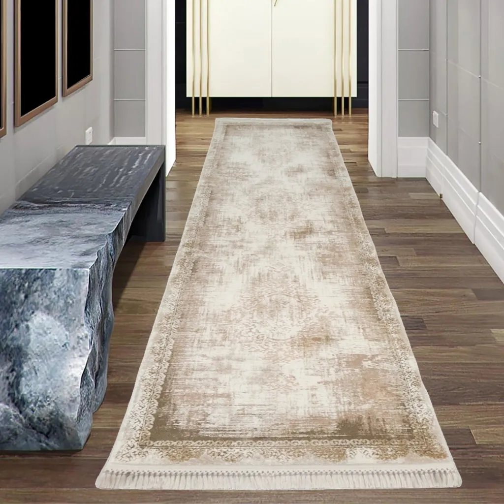 Tapis de couloir en laine marron à motifs abstraits - 80 x 300 cm