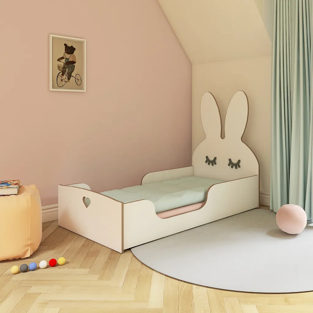 Lit de Sol Lapin 70x160 cm en MDF Robuste avec Tête de Lit Oreilles Design
