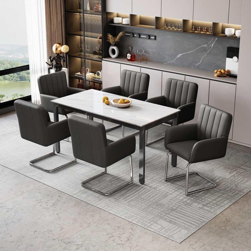 6er Set Esszimmerstühle Kunstleder Schwarz, Polsterstuhl, Lounge Sessel, Metallbeine, modern