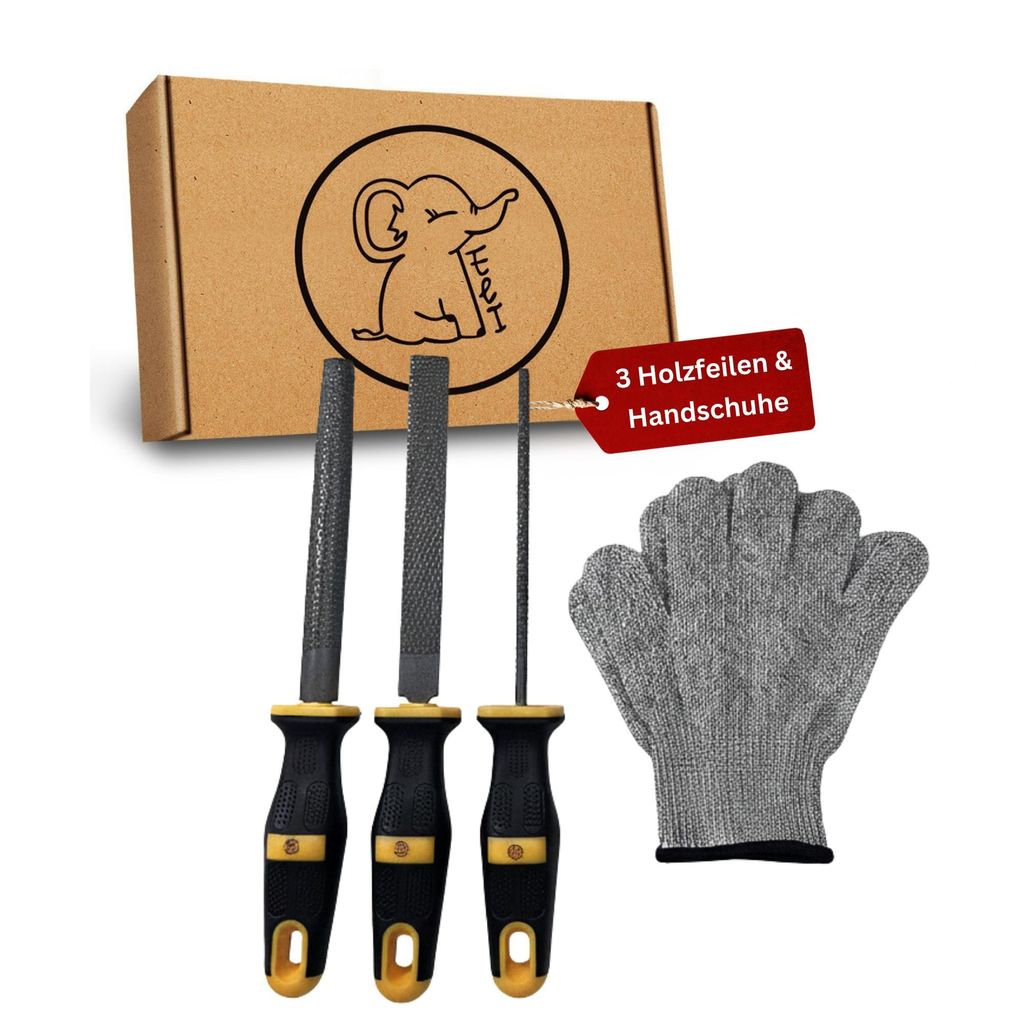 Eli 3 Holzfeilen Set für Kinder inkl Schutzhandschuhe - Holzraspel - Werkzeug für Holz - rund - halbrund - flach für Holzbearbeitung - Kinderw...