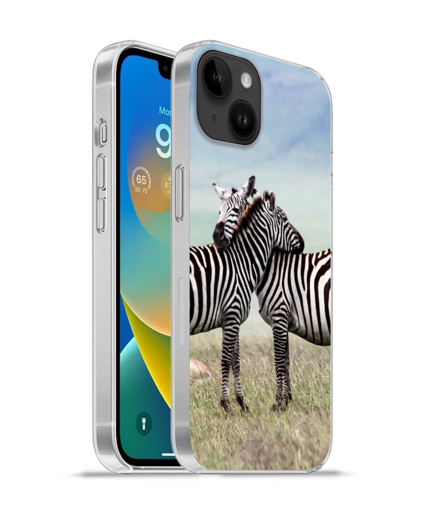 MuchoWow Handyhülle Schutzhülle Hülle für Apple iPhone 14 Plus - Soft case Zebras - Gras - Schwarz - Weiß Silikon Softcase Handy Hülle - Ab...